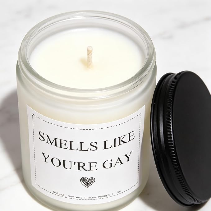 “Smells Like You’re Gay” Candle, Gay Gifts, Gay Pride Gifts for LGBTQ Boyfriend Men Friend Brother, Valentines Day Housewarming Anniversary Birthday Gift, Lavender & Eucalyptus, 100% Soy Wax, 7OZ