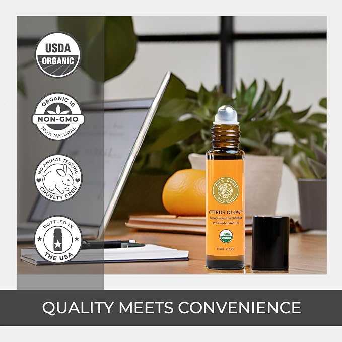 Silk Road Organic Citrus Glow Essential Oil Revive Blend Roll On for Stress, Energy & Focus | USDA Certified Citrus & Vanilla, 10 ml Roller