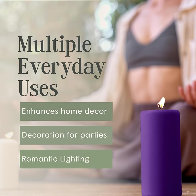 Mister Candle Dripless Unscented Pillar Candles, Set of 3 Hand Poured Purple Pillar Candles, Solid Color Non-Scented Candles for Home Decor, Premium Wax, 80 Hr Burn Time, 3x6 Inch