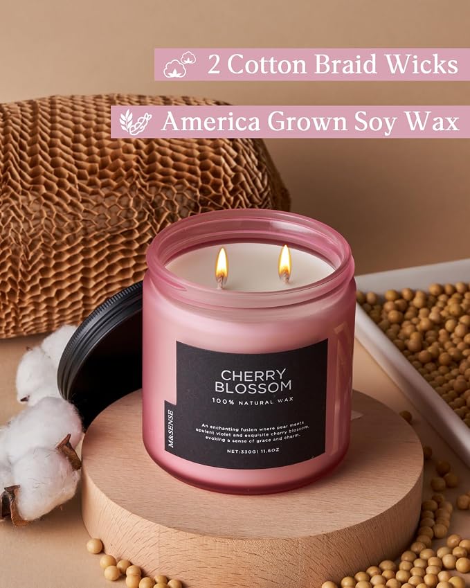 M&SENSE Cherry Blossom Home Scented Candles, 11.6oz Natural Soy Wax, Non-Toxic Clean Burning, 70-Hour Burn Time, Spring Floral Aromatherapy for Stress Relief & Relax, Relaxing Candle Gifts for Mom