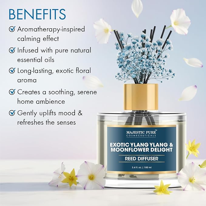 Majestic Pure Ylang Ylang & Moonflower Reed Diffuser 3.4 Fl Oz | Long-Lasting Floral Fragrance for Home and Office