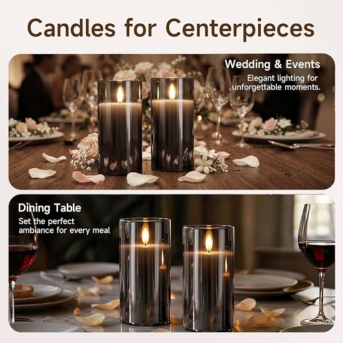 Homemory Grey Glass Flameless Candles Battery Operated LED Pillar Candles with Remote and Timer, Real Wax Flickering Candles with 3D Wick for Home Wedding Holiday Decor, Set of 2, 3"x6"