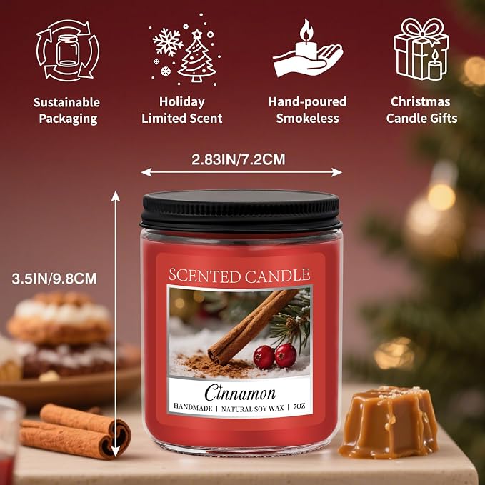 Homsolver Cozy Cinnamon Candle Scented Strong, Christmas Candles Cinnamon Stick Apple Scented with 50+ Hours of Burn Time, Fall & Winter Christmas Candles Gifts & Hoilday Home Décor