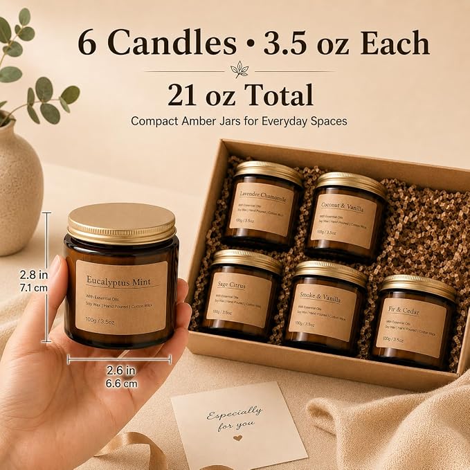 6-Pack Scented Candles for Home, 3.5 Oz Soy Wax Aromatherapy Candle Gift Set, Lavender Chamomile, Eucalyptus Mint & Vanilla, Birthday Gifts for Women, Thank You Graduation Gifts