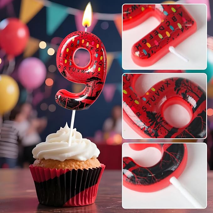 Red Number 9 Birthday Candle for Cake – Dark Horror Style with Alphabet Print & Shadow Design – Unique Cake Topper for Birthday, Anniversary, Themed Party Decoration