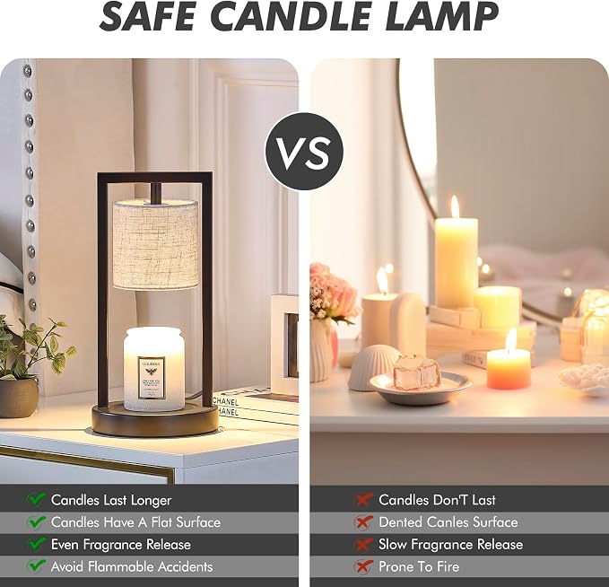 Candle Warmer Lamp with Timer, Black Candle Lamps Linen Fabric Shade, 3-Level Dimmable Candle Warming Wax Melt Warmer for Scented Wax, 50W Electric Warmer Lamp for Women Home Decor (2 Bulbs Included)