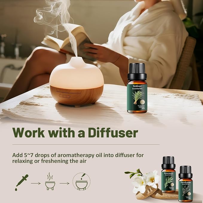 Essential Oils Set 6x10ml, Pure Eucalyptus Peppermint Tea Tree Rosemary Thyme Vetiver – Aromatherapy for Diffuser, Skin, Hair, Candle & Soap Making, Natural Air Purifier & Outdoor Protective Barrier