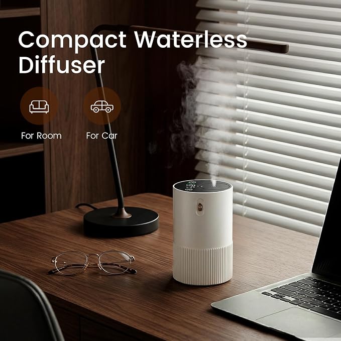 Waterless Diffuser for Essential Oil, Aluminum Alloy & Fabric, 0.33 Fl Oz/ 10mL, Cold Air Waterless Diffusers, Scent Diffuser with Timer & 4 Mist Levels for Home, Room, Car, Office - Whine