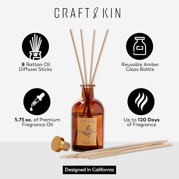 Craft & Kin Sage, Mint & Lavender Reed Diffuser – 5.75 oz Essential Oil Diffuser for Home & Bathroom – Up to 120-Day Fragrance with 8 Rattan Scent Sticks – Amber Glass Room Decor