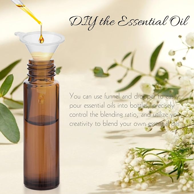 10ML Essential Oil Roller Bottles, 4 Pack Brown Oil Roller Bottles for Essential Oils, Roll on Bottle with Stainless Steel Balls(4 Labels, Opener, Funnel, Dropper Included)