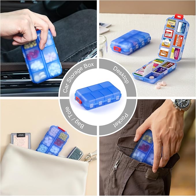 14 Grids Travel Pill Organizer Box with 415-Pcs Medicine Name Labels - Pocket Daily Pharmacy Case Container Kit - Travel Medication Holder Dispenser for Fish Oil Vitamin Supplement Storage -Clear Blue