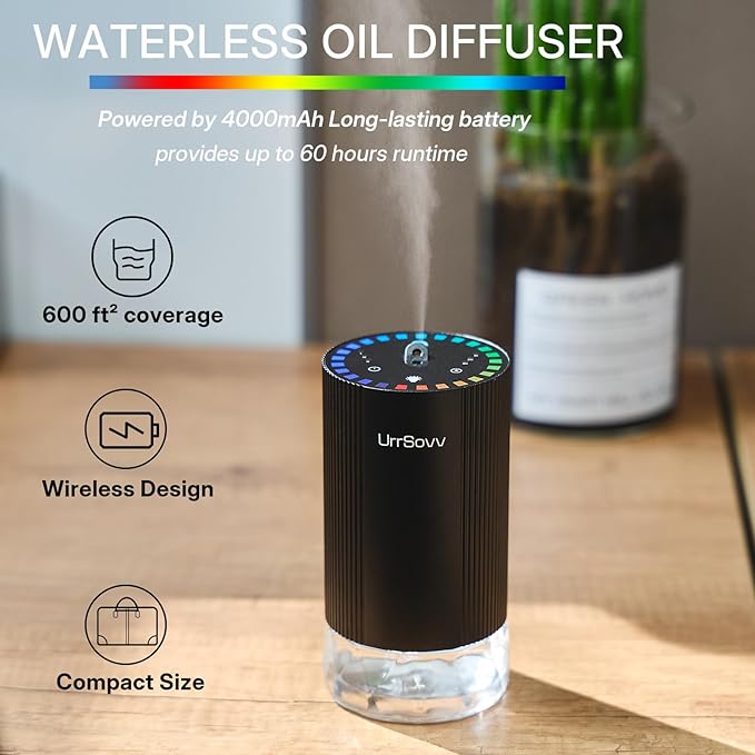 UrrSovv Car Diffuser for Essential Oils Cordless Waterless Battery Operated Car Diffuser Portable 60ML Air Freshener Wireless Diffuser 3 Timers & 3 Mist Levels for Car Home Bedroom Travelling (Black)