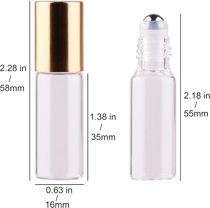 MaxMau Roller Bottles for Essential Oils, 24pcs 5ml Roll on Bottle Clear Glass Sample Test Refillable with Opener Funnel Dropper Golden Cap For Home Travel