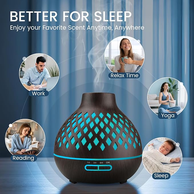 Aeshory Aromatherapy Diffuser & 12 Essential Oils Set, 550ML Aromatherapy Diffuser for Home, Ultrasonic Cool Mist Humidifier with Remote Control 4 Timer 7 Color LED Light, Waterless Auto Off, Dark
