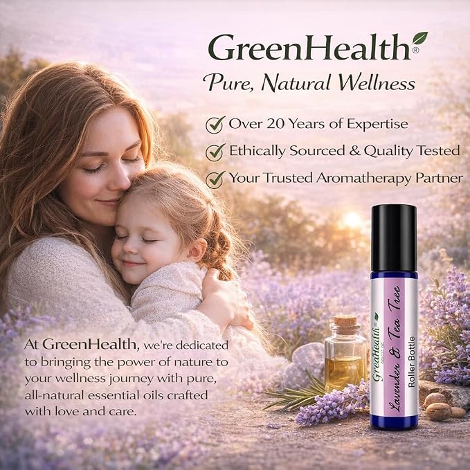 GreenHealth Lavender & Tea Tree Essential Oil Roll On 10 ml – Pre-Diluted Aromatherapy Roller, Ready to Use, Portable Roll-On, Relaxing Lavender & Refreshing Tea Tree Blend for On-the-Go Use