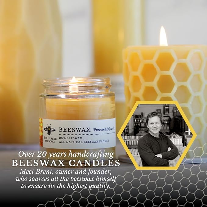 Big Dipper Wax Works Beeswax Glass Candle, Unscented 3.2 oz Apothecary Jar with Lid, 100% Pure Beeswax, Clean Cotton Wick, Reusable Glass, 20-Hour Burn, 2" x 2.5"