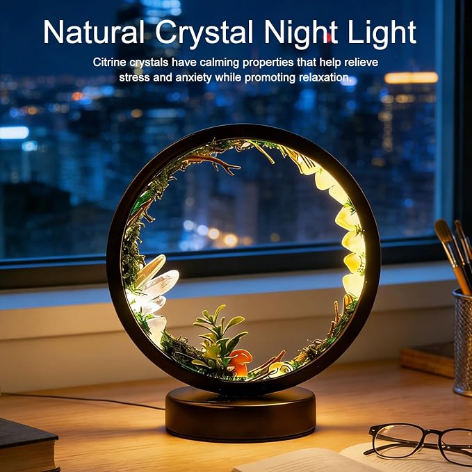 Runyangshi Forest Style Natural Citrine Night Light Healing Crystal USB Port 3 Colours Dimming Mode Lamp Suitable Night Lamp for Bedroom Home Decor Gift