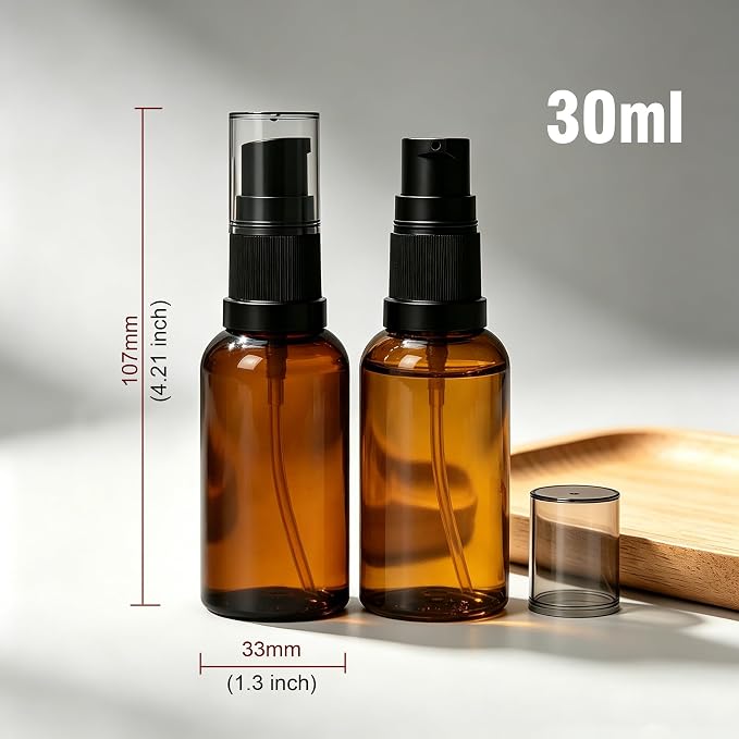 6 Pack Empty Travel Refillable Glass Pump Bottles Dispener 30ml/1oz, Amber Small Cosmetic Containers for Lotion,Cream,Essential Oil,Shampoo,Sercums (30ml Amber 6pcs)
