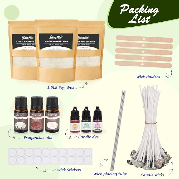 Blingfun Candle Making Kit for Beginners, Soy Wax Candle Making Supplies with Natural Soy Wax, Essential Oils, Candle Dye & Candle Wicks, DIY Home Craft Gift for Adults & Women