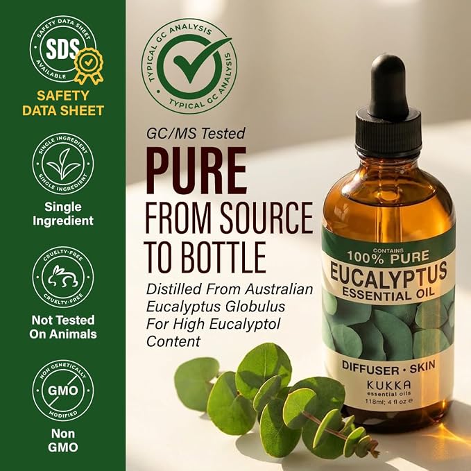 100% Pure Eucalyptus Oil - 4 Fl Oz Eucalyptus Essential Oil for Hair, Skin, Diffuser, Aromatherapy & DIY Soap Making Scent