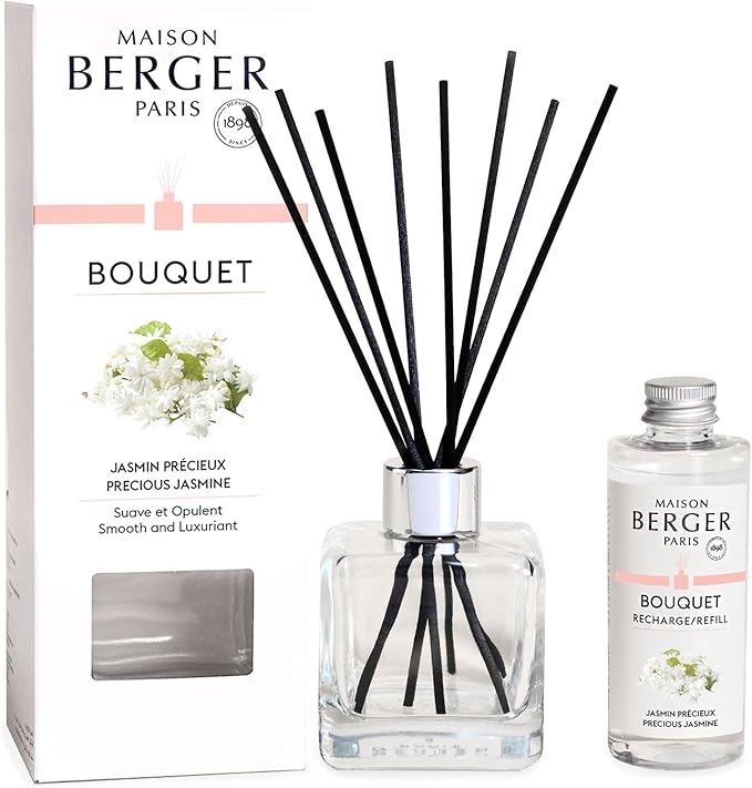 MAISON BERGER Reed Diffuser Bouquet, 100 ml, Precious Jasmine | Clear Glass Bottle, 8 Reed Sticks, 100 ml Refill, Up to 6-Week Passive Diffusion, No Flame, Made in France