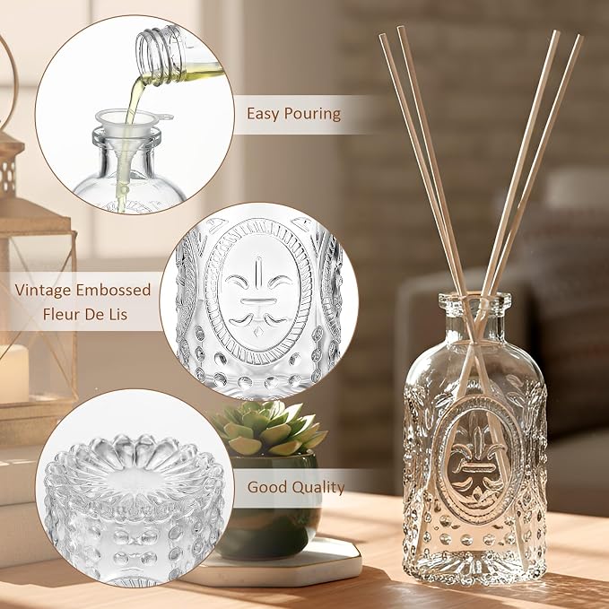 LemonRoad 2 Set Glass Reed Diffusers Bottles, Vintage Design Embossed Fleur Clear Diffuser Bottles with 50 Reeds Sticks, Cork Lids, Funnel, 200 ml 6.7 oz Empty Flower Bud Vases for DIY Fragrance