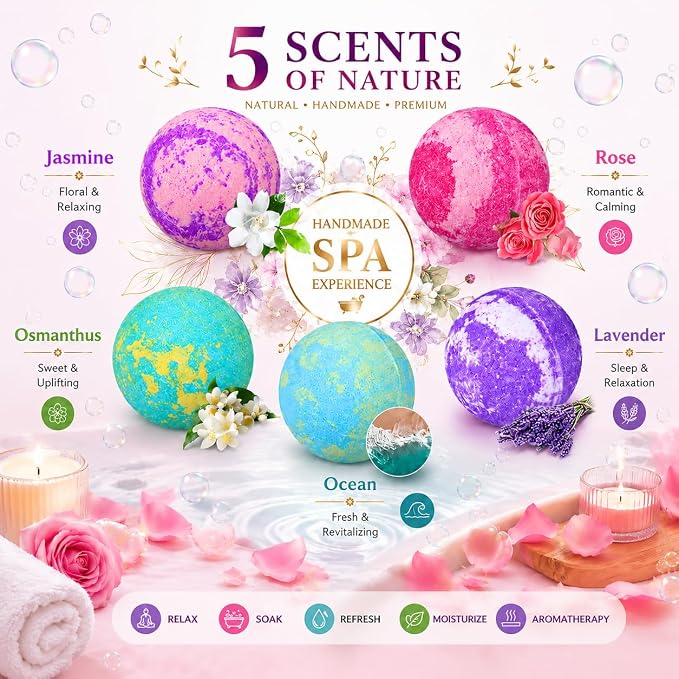 Bath Bombs Gift Set - 5 Large Fizzy Spa Bombs with 4 Scented Candles for Women - Moisturizing Bubble Bath with Essential Oils for Valentine's, Birthday Gifts