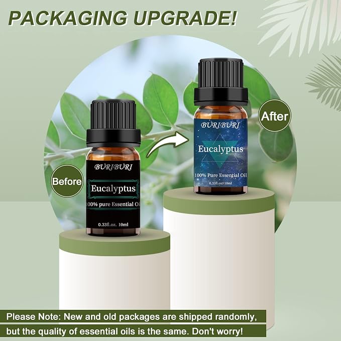 BURIBURI Eucalyptus Oil and Peppermint Essential Oil, 100% Pure, Undiluted, Natural, Organic Aromatherapy Eucalyptus Essential Oils Gift Set, 10MLx2
