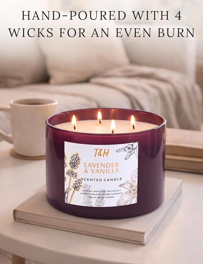 Lavender Vanilla Candle | 4 Wick Extra Large Scented Soy Candles 20 oz | Highly Scented Aromatherapy Lavender Candle for Women | Relaxing Stress Relief Home Scent | Long Lasting Clean Burn