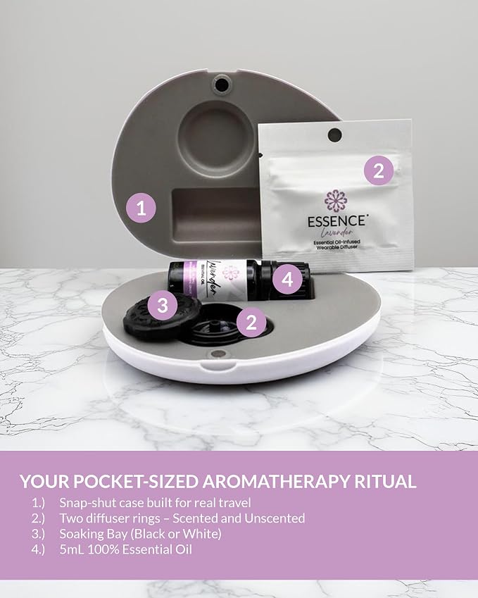 Essence Pearl Travel Case | Lavender Essential Oil | Aromatherapy Nasal Diffuser & Essential Oil Carrying Case | Calming Lavender Oil Scent | Travel-Friendly Kit | Black Pod