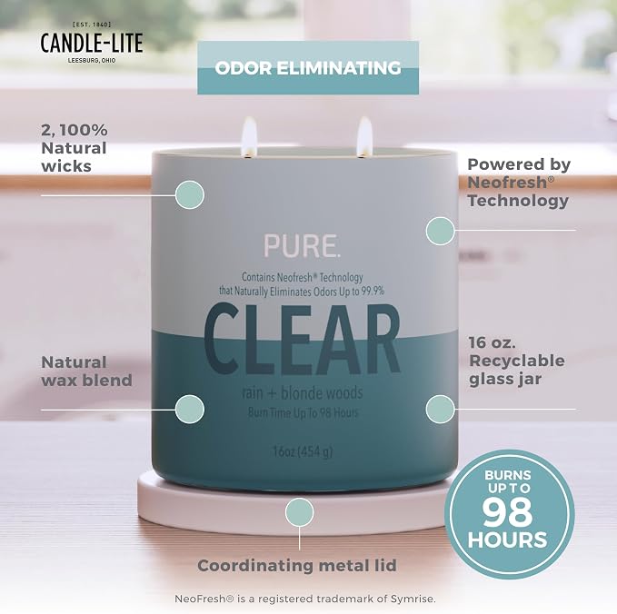 Candle-Lite Pure Rain & Blonde Woods Odor Eliminating Scented Candles, Neofresh Technology Eliminates 99.9% of Odors, 16 oz 2-Wick Jar, Proudly Poured in The USA, Up to 60 Hours Burn Time