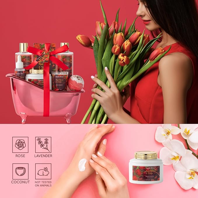 Spa Gift Basket Gifts for Women, spa kit Gifts for Her Mother's Day Bath Spa Gift Set Red Rose & Tulip Spa Basket Kits for Women, Bath & Body Set, Self Care Pamper Kit, Self-care baskets Mother Gift