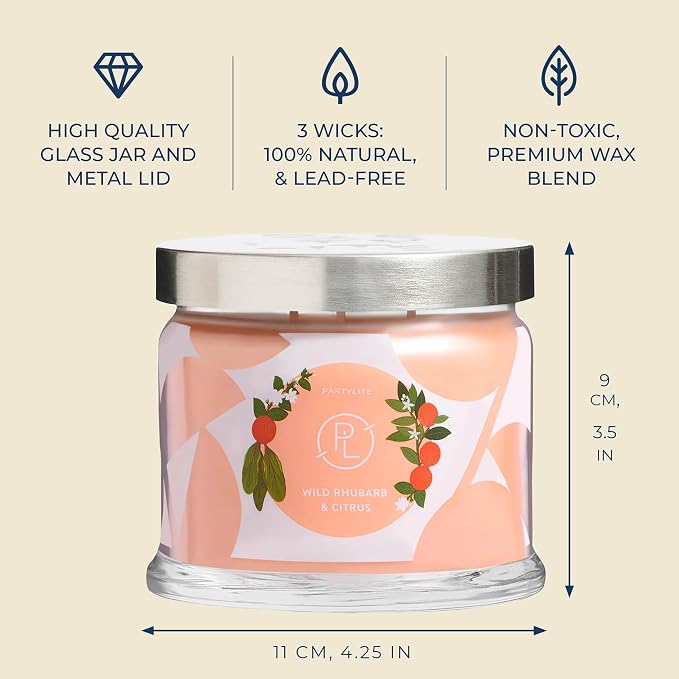 PartyLite Wild Rhubarb & Citrus Scented, Notes of Jasmine, Rhubarb and Creamy Sandalwood and White Musk, 13.2oz 3-Wick Jar Candle, 45 Hour Burn Time, Luxurious Fragrance, Ideal for Gifting