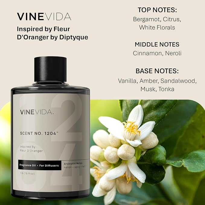 VINEVIDA [16 Fl Oz] Scent NO. 1204 Fragrance Oil for Cold Air Diffusers, Aromatic Notes of Bergamot, Citrus & White Florals Essential Oils for Diffuser Oil Refill & Air Freshener Room Spray