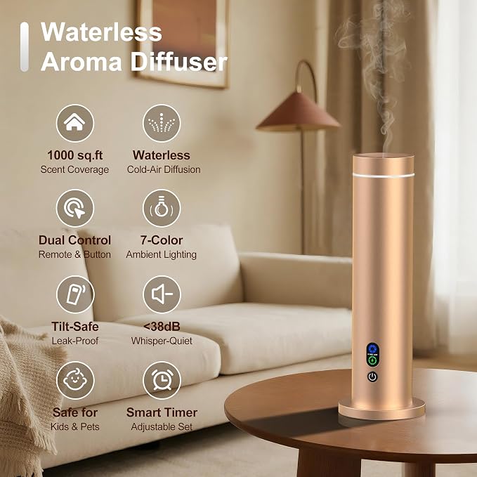 Maromalife Waterless Diffuser, Essential Oil Diffuser, 1000 Sq.Ft Coverage Scent Diffuser – Plug-in Only, Adjustable Mist, Remote, Mood Lights for Home & Office, Large Room, Hotel, Gold