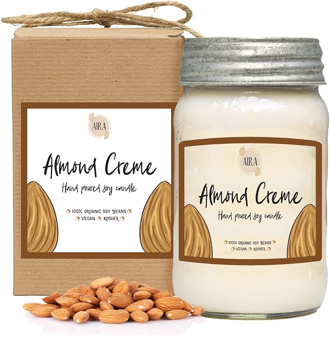 Aira Soy Candles - Organic, Kosher, Vegan, in Mason Jar w/Therapeutic Grade Essential Oil Blends - Hand-Poured 100% Soy Candle Wax - Paraffin Free, Burns 110+ Hours - Almond Creme -16 Ounces