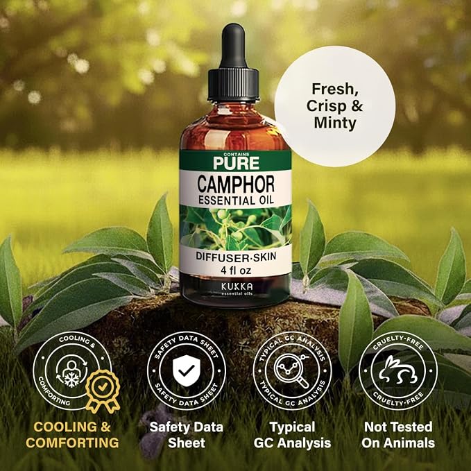100% Pure Camphor Oil - 4 Fl Oz Camphor Essential Oil for Hair, Skin, Diffuser, Aromatherapy & DIY Soap Making Scent