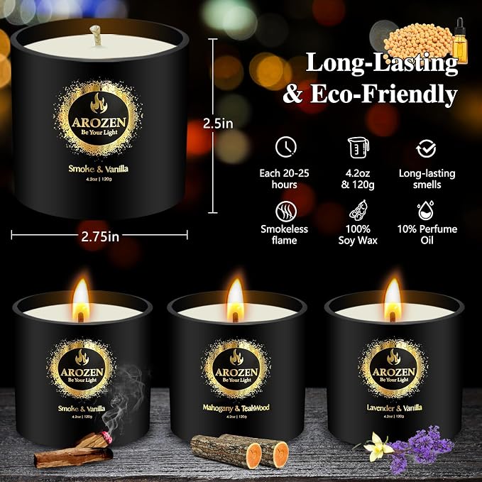 3 Pack Candles for Home Scented, Scented Candles Gifts Set for Men, Aromatherapy Soy Candle of Lavender, Mahogany Teakwood & Smoke Vanilla, Gifts for Men Fathers Day Valentine's Day Present