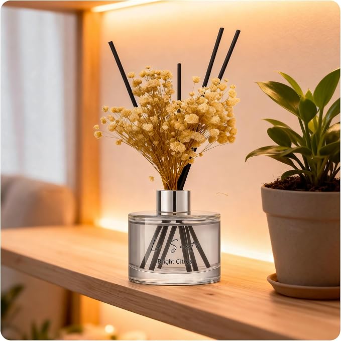 Bright Citrus Reed Diffuser Set for Home & Office - 6.7oz Natural Essential Oil Fragrance with Glass Bottle, Black Rattan Sticks & Preserved Flowers, Long Lasting Scent