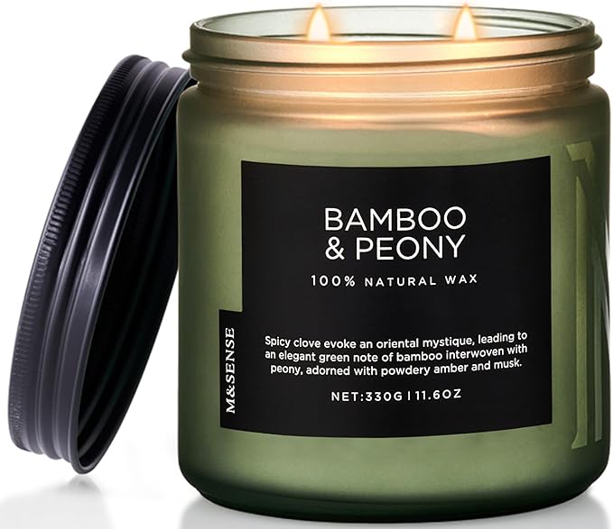 M&SENSE Bamboo Peony Scented Candles for Home, 11.6oz Natural Soy Wax, 70 Hours Slow Burning Aromatherapy Jar Candle, Home Fragrance Gifts for Stress Relief Relaxation