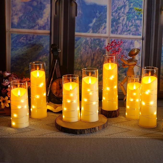 Eebuss Flameless Candles with Embedded Star String, Battery Operated LED Pillar Candles with Timer and Remote Control,Home Decorating for Ambiance， Set of 9 (Ivory)