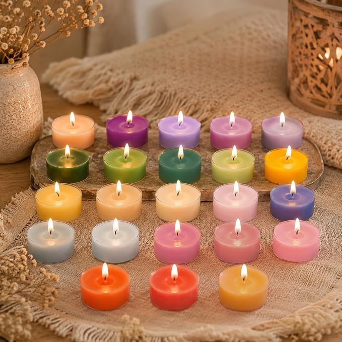 24 Color 6 Scented Tealight Candles, Colorful Scent Tea Lights Candles Clear Cup, 24 Pack Colored Tealights Candle, 6 Hour Burn Time Tea Candles for Party, Decor, Spa, Shabbat