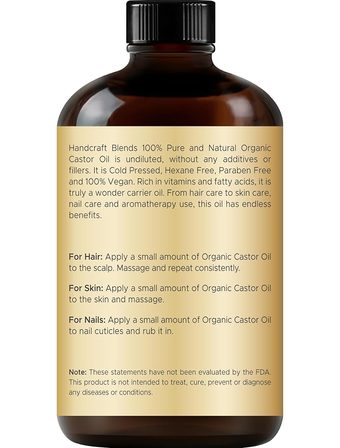 Handcraft Blends Cold-Pressed Organic Castor Oil 4 Fl Oz | Glass Bottle | Lash Brushes | 100% Pure and Natural | Premium Grade Carrier Oil | Hair, Eyelashes and Eyebrows | Hair and Body | Cold-Pressed