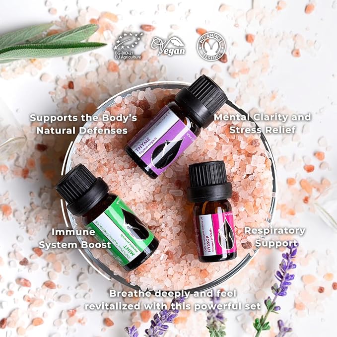 Set Breathe Freely - Organic Essential Oils - Thyme (10ml) + Mint (10ml) + Hyssop (5ml) - 100% Pure and Natural Undiluted Aromatherapy Stress Relief Fresh Herbal Sweet Aromas 3pcs