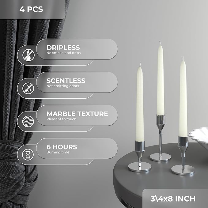 CANDWAX Ivory Taper Candles 8 inch Dripless - Set of 4 Tapered Candle Ideal for Dinner - Smokeless and Unscented Candlesticks Long Burning