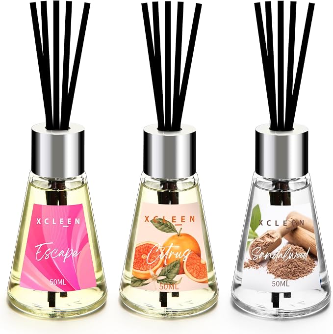 Xcleen Reed Diffuser of 3 Pack, Escape/Citrus/Sandalwood, Scented Diffuser with 15 Fiber Sticks, Home Fragrance Oil Diffuser, Air Freshener for Bathroom & Bedroom, Each 1.7Fl Oz, Total 5.1Oz