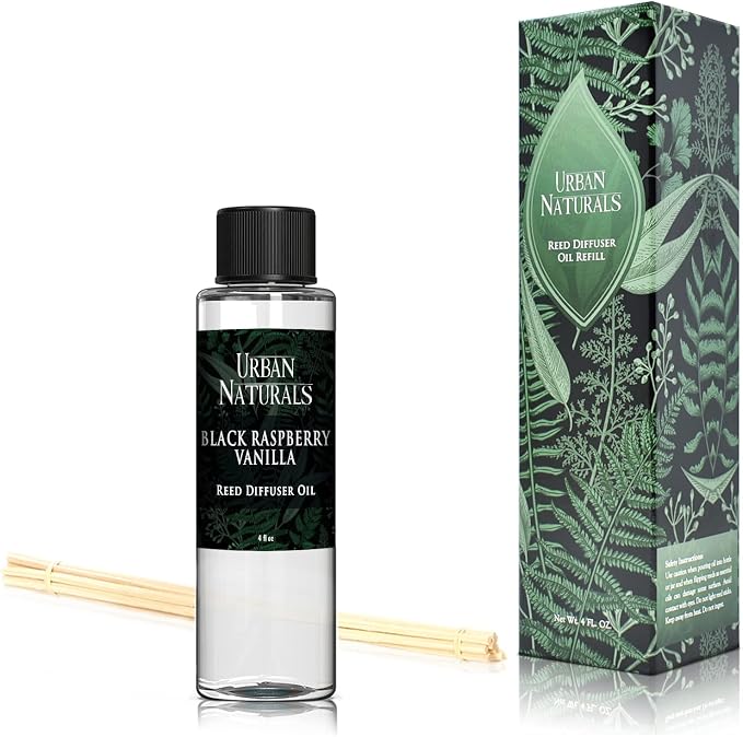 Urban Naturals Reed Diffuser Oil Refill, Black Raspberry Vanilla Oil for Diffuser with Orchid, Amber, Sandalwood, 4 oz + Free Reed Sticks, Made in the USA
