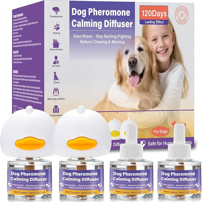 Dog Pheromone Calming Diffuser for Dogs, 4×48ml Refills & 2×Diffusers, Anxiety Relief for Separation, Thunder, Fireworks, Stop Barking, Chewing & Marking, Safe for Pets & Home