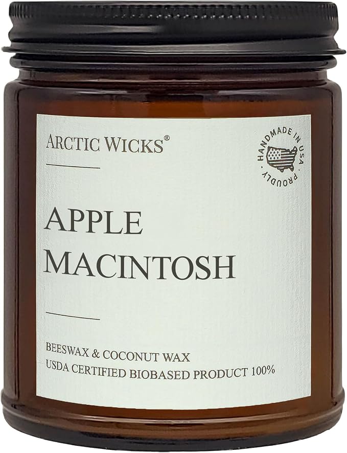 Apple Macintosh Scented Candle | 9oz Amber Jar | Arctic Wicks Non-Toxic Coconut & Beeswax Candles | Hand-Poured Clean Burning Eco-Friendly Candle | Fall Apple Orchard Scent | 100% USDA Biobased