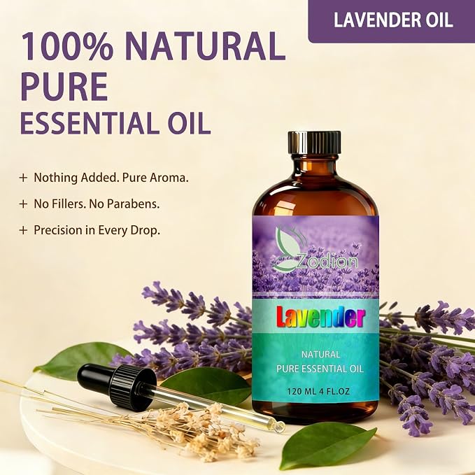 Lavender Essential Oil, Lavender Fragrance Oil for Diffuser, Massage, Humidifier, DIY Candle, Soap Making, Home, Bath, Yoga - 4 fl oz (120ml) - ZODION Essential Oils